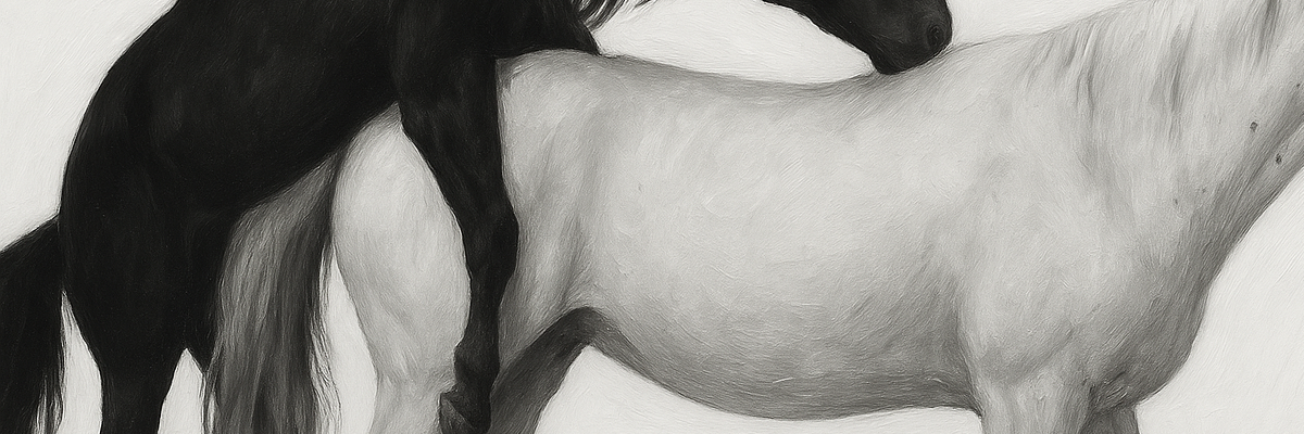Cropped mare being mounted by horse.