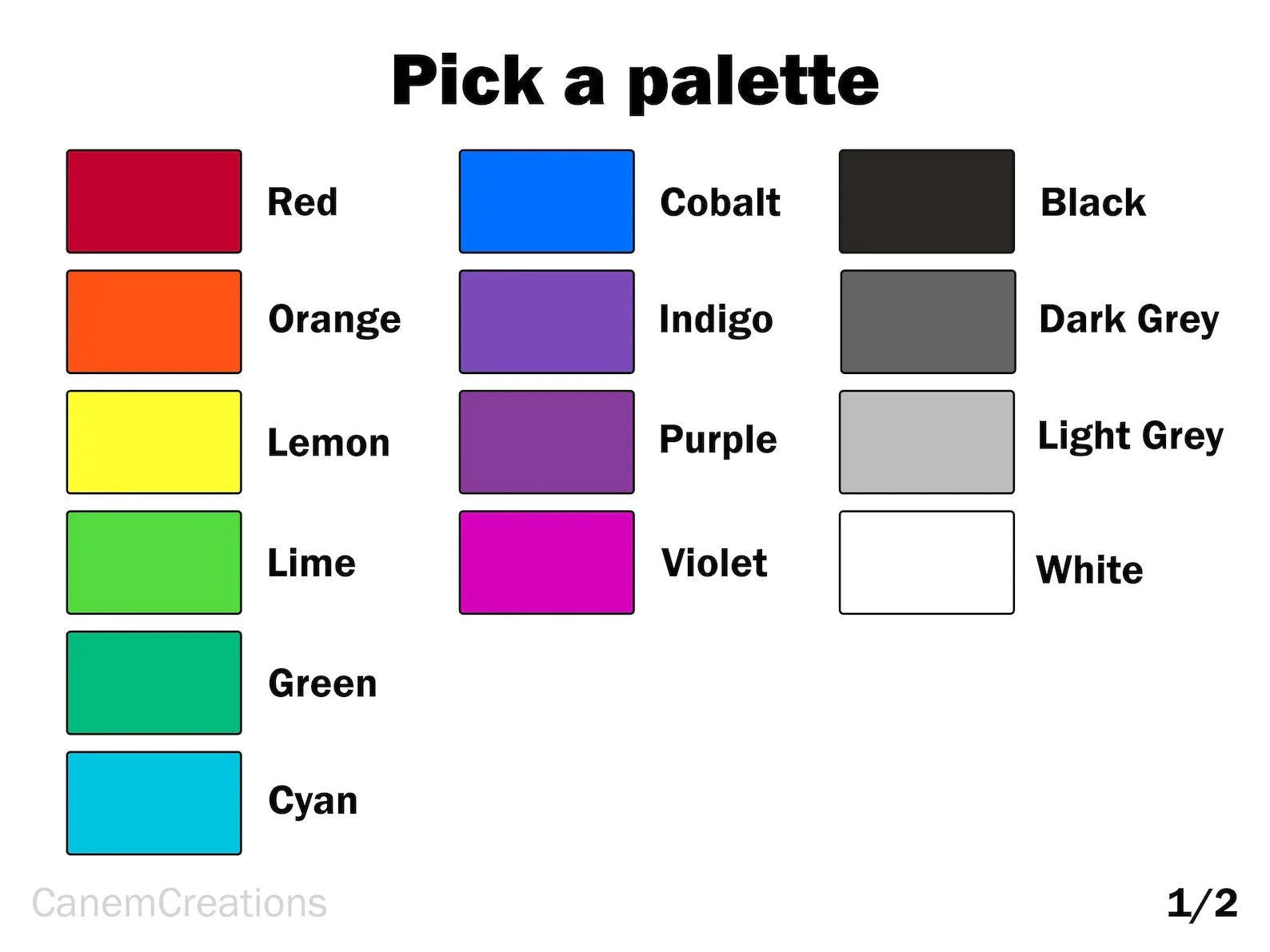 The first page of a diagram showing the available colours which are available for this sex toy.