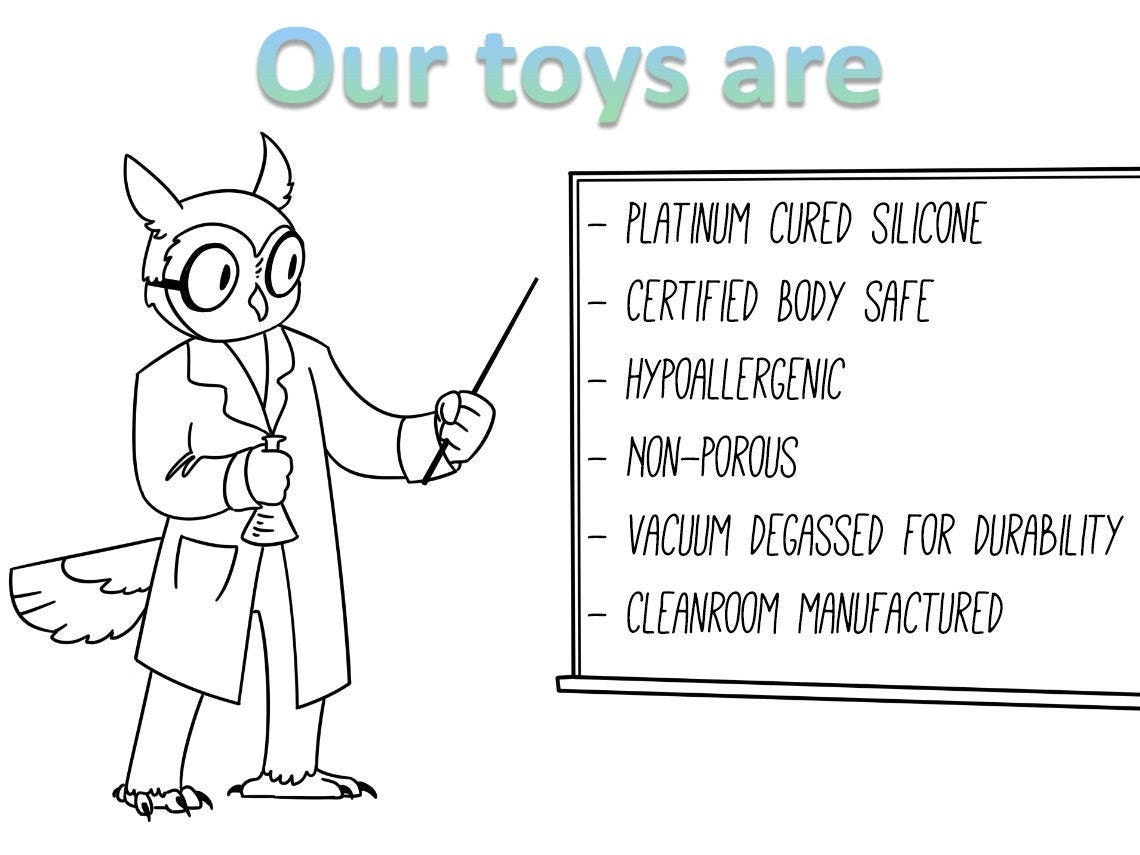A diagram stating that the toys from canem creations are platinum cured silicone, body safe and hypoallergenic.