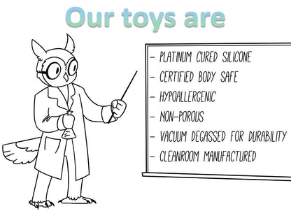 A diagram stating that the toys from canem creations are platinum cured silicone, body safe and hypoallergenic.